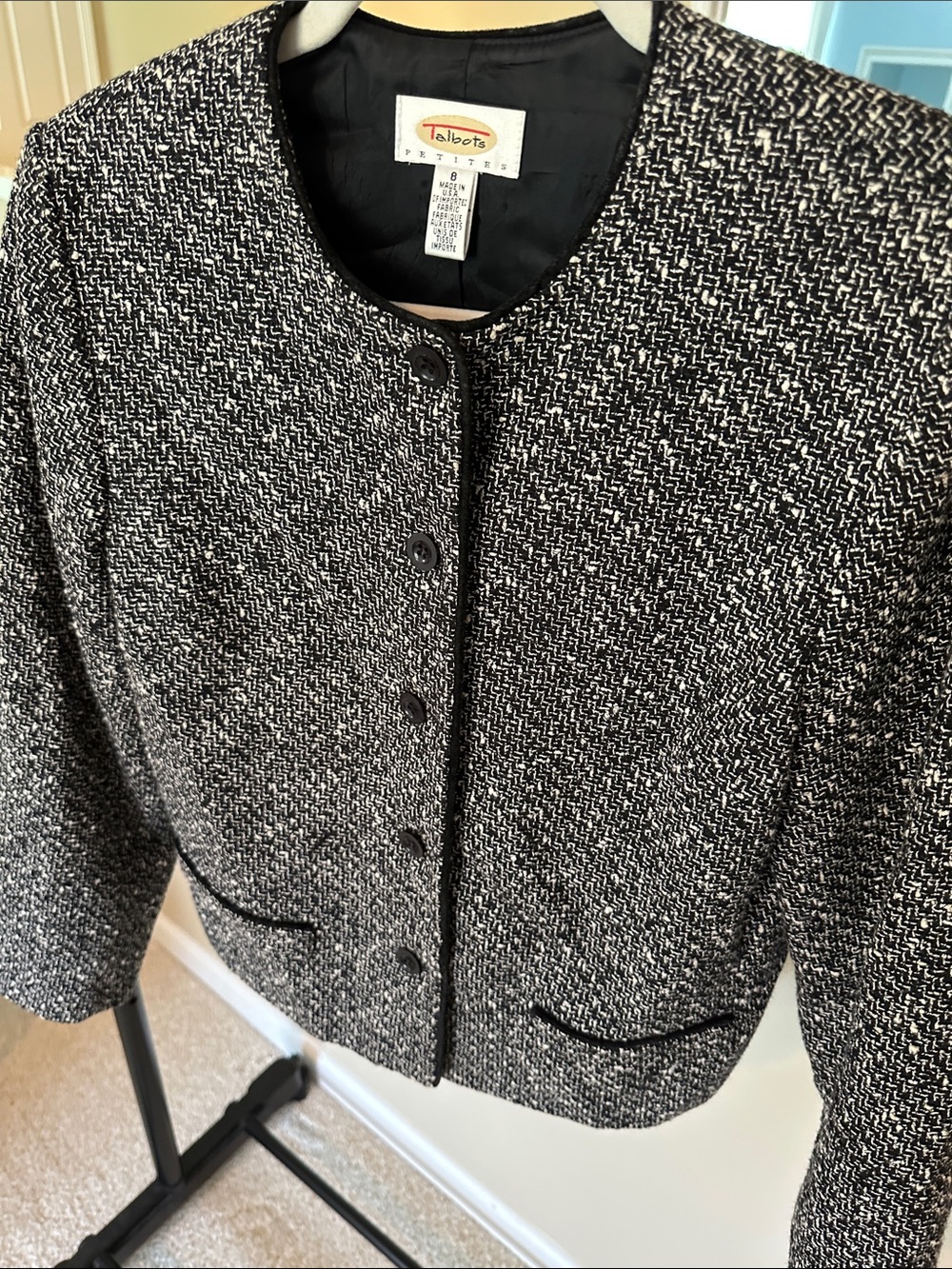 Talbots Black and White Tweed Collarless Blazer